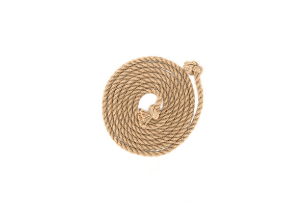 top view of arranged brown marine rope with knots isolated on white