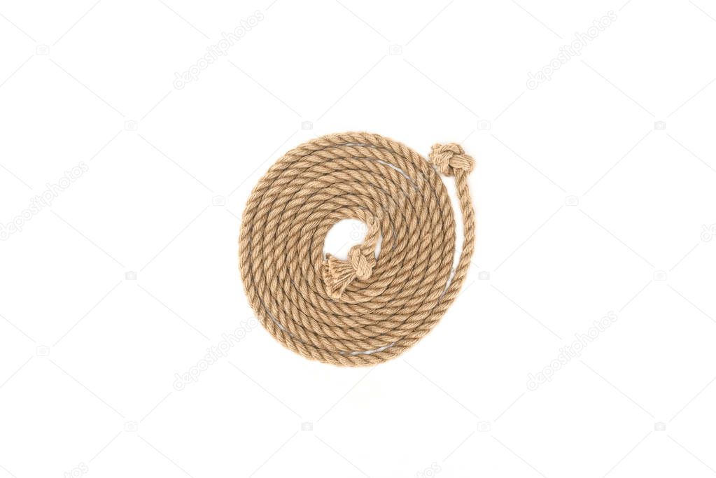 top view of arranged brown marine rope with knots isolated on white