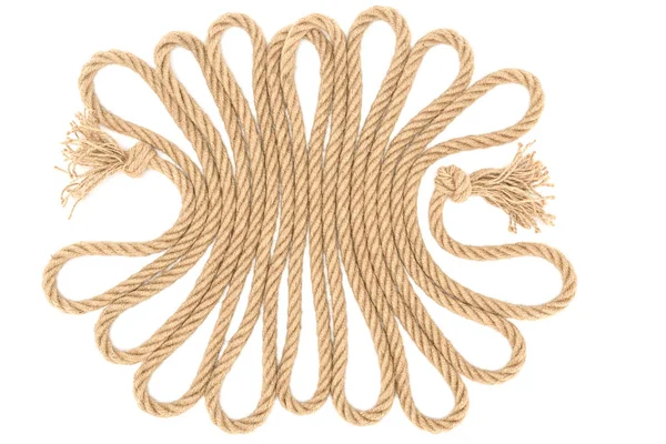 Top View Arranged Brown Nautical Rope Knots Isolated White — Stock Photo, Image