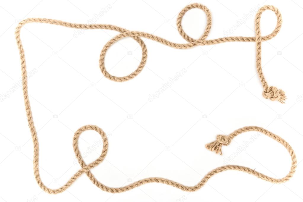 top view of brown nautical rope with knots isolated on white