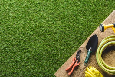 top view of shovel, secateurs, protective gloves and hosepipe on wooden planks  clipart