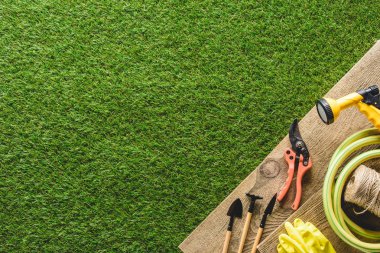 top view of gardening equipment and protective gloves on wooden planks clipart