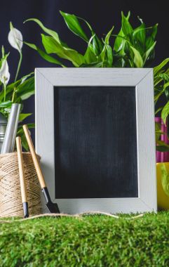 closeup çekim boş yazı tahtası ve çimlerin üzerine Bahçe aletleri
