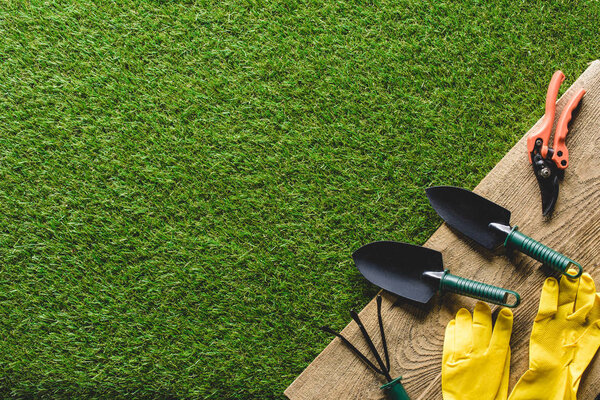 top view of shovels, hand rake, protective gloves and secateurs on wooden planks