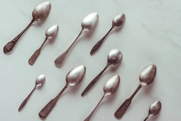 Various Vintage Spoons White Table — Stock Photo, Image