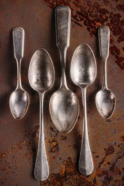 Set Old Spoons Vintage Rusted Table — Free Stock Photo