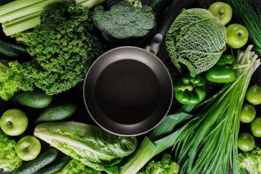 top view of frying pan between green vegetables, healthy eating concept clipart