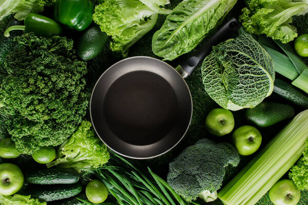 top view of frying pan on grass between green vegetables, healthy eating concept