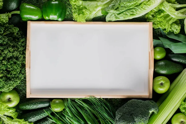 Elevated View Blank Tray Green Vegetables Healthy Eating Concept — Stock Photo, Image