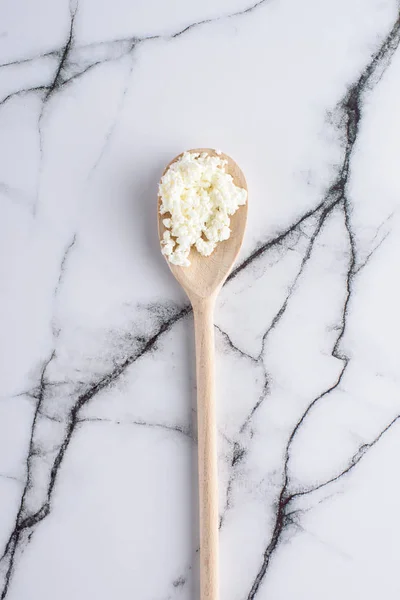 Top View Wooden Spoon Fresh Cottage Cheese Marble Surface — Stock Photo, Image