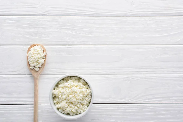 Fresh Healthy Cottage Cheese Bowl Wooden Spoon Table — Stock Photo, Image