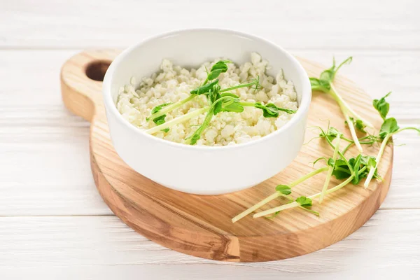 Close View Bowl Fresh Healthy Cottage Cheese Sprouts Wooden Board — Stock Photo, Image