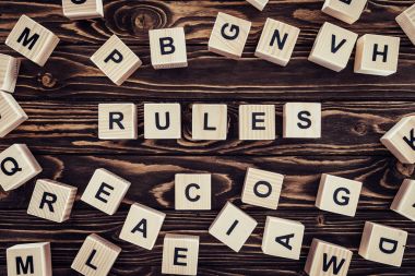 top view of rules word made of wooden blocks on brown surface clipart