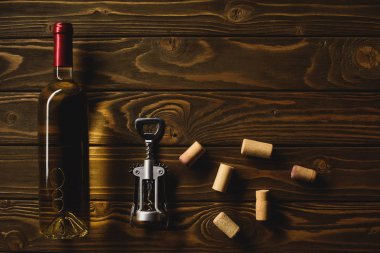 şişe beyaz şarap mantarlar ile görünümünü top ve ahşap tablo düşünüp