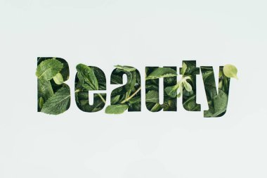 word beauty made from fresh green leaves isolated on grey clipart