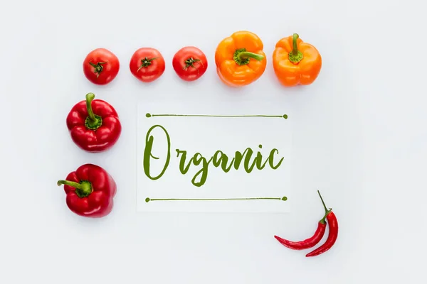 Top View Frame Red Orange Vegetables Word Organic Isolated White — Stock Photo, Image