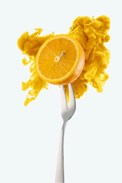 Half Orange Fork Yellow Ink Isolated White — Stock Photo, Image