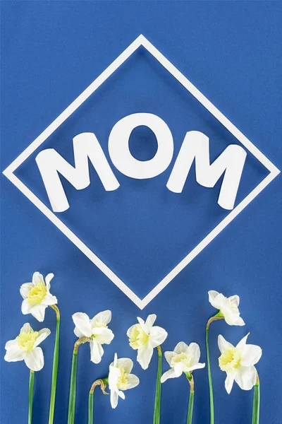 top view of daffodils and word mom in frame isolated on blue, mothers day concept