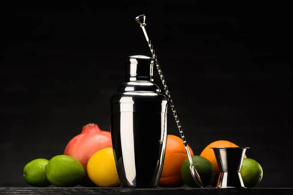 Shaker Preparing Alcohol Cocktail Fruits Table Isolated Black — Stock Photo, Image