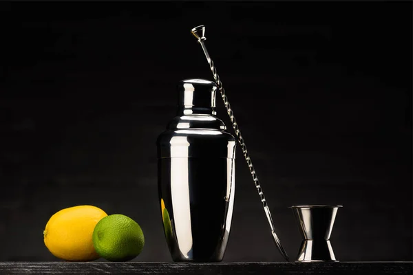 Shaker Preparing Alcohol Drink Lemon Lime Table Isolated Black — Stock Photo, Image