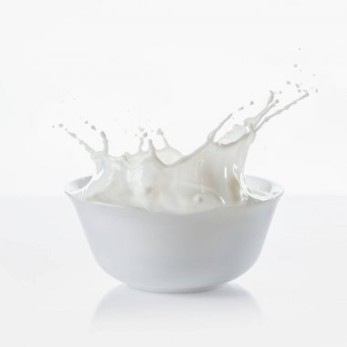 Milk in white bowl with drops on white background clipart