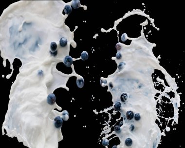 Waves of splashing milk with ripe berries on black background clipart
