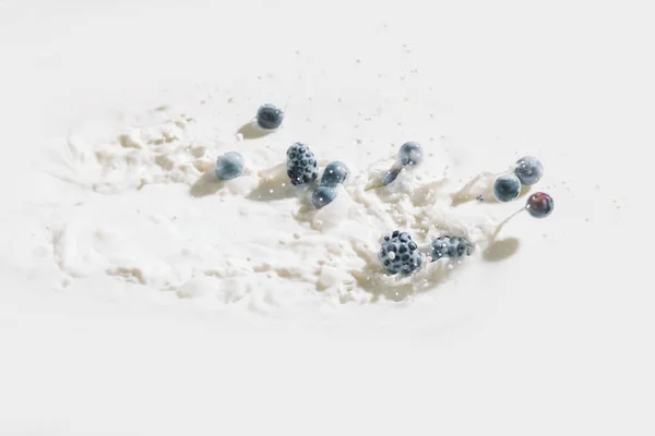 Saftige Beeren Fallen Milch Mit Spritzern Auf Weißem Hintergrund — Stockfoto