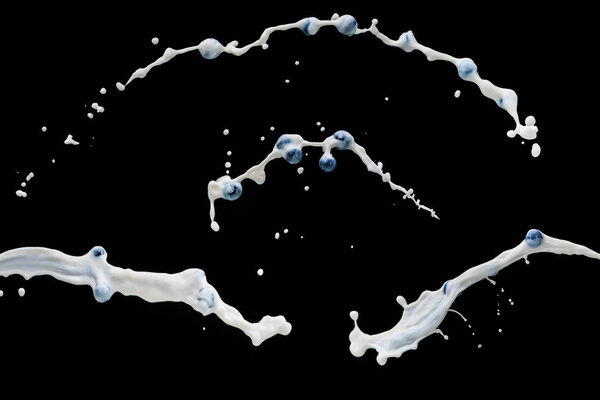Splashing milk with blueberries on black background