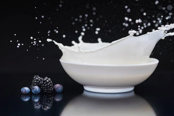 Juicy Berries White Bowl Splashing Milk Black Background — Stock Photo, Image