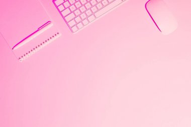 kalem, ders kitabı, bilgisayar klavye ve fare masada pembe tonlu resim 
