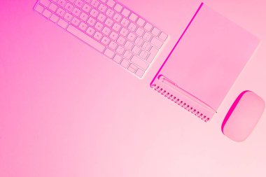 kalem, boş ders kitabı, bilgisayar klavye ve fare masada pembe tonlu resim 