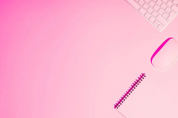 教科書 コンピューターのマウス キーボード テーブルの上のピンクのトーンの画像 — ストック写真