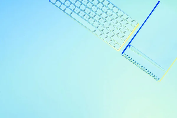 Blue Toned Picture Empty Textbook Pencil Computer Keyboard — Free Stock Photo