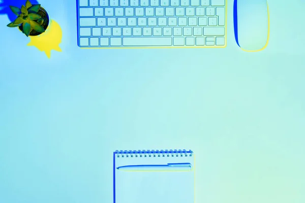 Голубое Тонированное Изображение Растения Компьютерной Клавиатуры Мыши Перо Пустой Учебник — Бесплатное стоковое фото