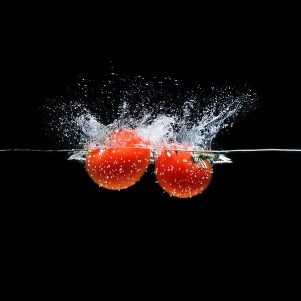 Close View Ripe Tomatoes Falling Water Isolated Black — Stock Photo, Image