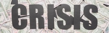 Dağınık dolar banknotları ve panoramik çekim üzerine kara kelime krizinin en üst görüntüsü