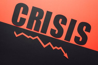 to view of word crisis and recession arrow on black and red background divided by sloping line clipart