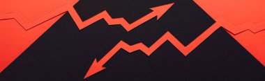 panoramic shot of paper cur recession and increase arrows on black and red background clipart