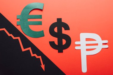 euro, dollar and peso symbols, and recession arrow on red and black background divided by sloping line clipart