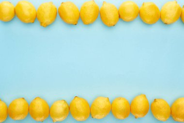 Düz, mavi arka planda olgun sarı limonlarla yatıyordu.