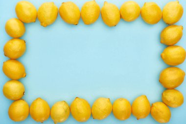 Mavi arkaplandaki olgun sarı limonların kare çerçevesi kopyalama alanı ile