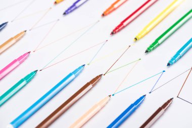colorful felt-tip pens on white background with connected drawn lines, connection and communication concept clipart