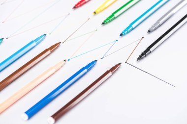 colorful felt-tip pens on white background with connected drawn lines, connection and communication concept clipart