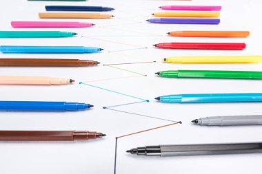 selective focus of felt-tip pens on white background with connected drawn lines, connection and communication concept clipart