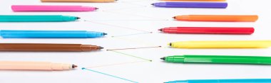 selective focus of felt-tip pens on white background with connected drawn lines, connection and communication concept clipart