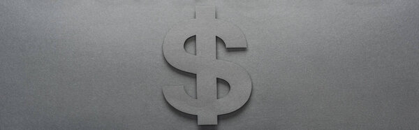 top view of dollar sign on grey background with shadow, panoramic shot