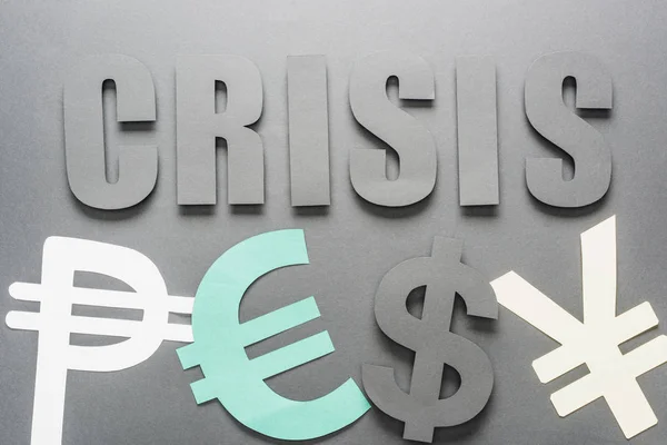 Vista Superior Palabra Crisis Cerca Peso Euro Dólar Yen Símbolos — Foto de Stock