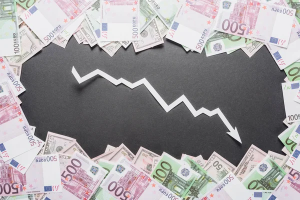 Libro Blanco Cortó Flecha Recesión Marco Billetes Dólar Euro Sobre — Foto de Stock