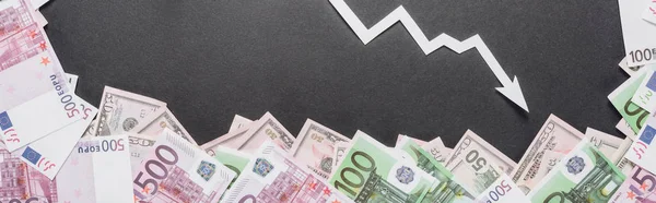 Panoramic Shot White Recession Arrow Dollar Euro Banknotes Black Background — Stock Photo, Image