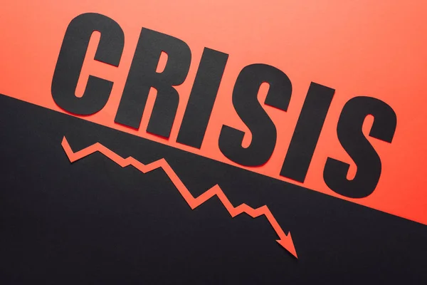 View Word Crisis Recession Arrow Black Red Background Divided Sloping — Stock Photo, Image